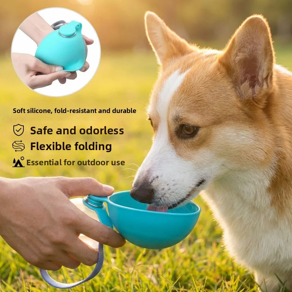 Dog drinking from portable water bottle bowl